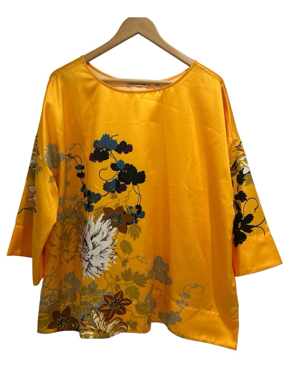 Soft Surroundings Satin Floral Botanical Print Asian Inspired 3/4 Sleeve Top XL